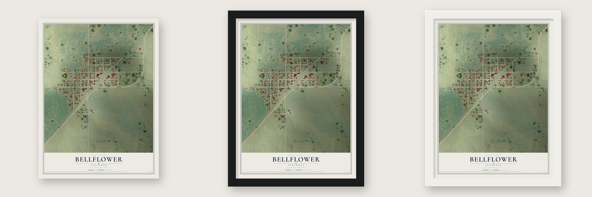 Bellflower, Illinois map unframed, in a black wood frame and in a white wood frame