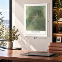 Bellflower, Illinois map, 18 x 24 inch print in a white frame in a home office