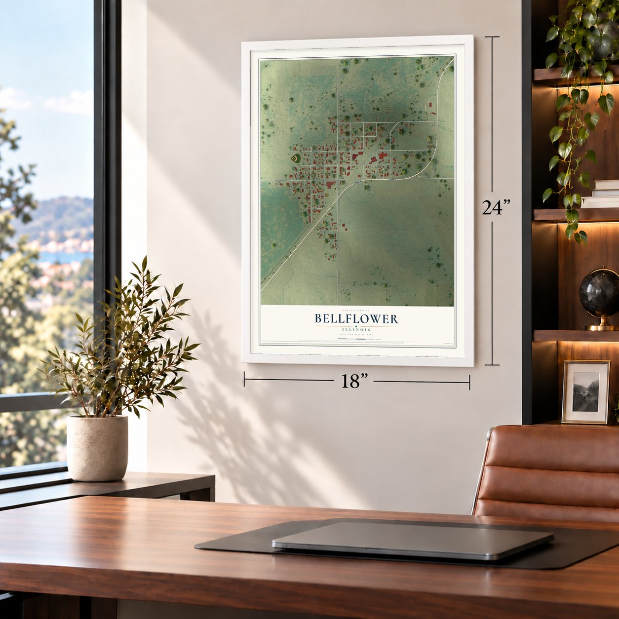 Bellflower, Illinois map, 18 x 24 inch print in a white frame in a home office