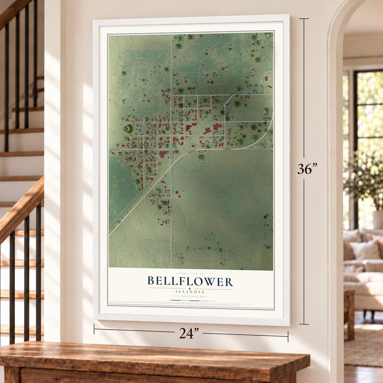 Bellflower, Illinois map, 24 x 36 inch print in a white frame by a staircase