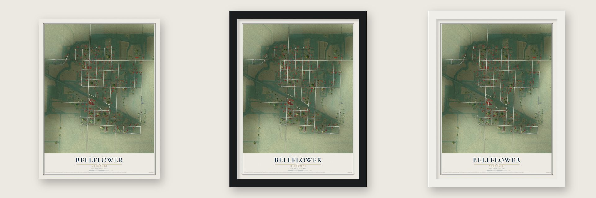 Bellflower, Missouri map unframed, in a black wood frame and in a white wood frame
