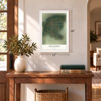 Bellflower, Missouri map, 12 x 18 inch print in a white frame in an entryway