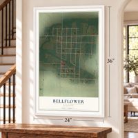 Bellflower, Missouri map, 24 x 36 inch print in a white frame by a staircase