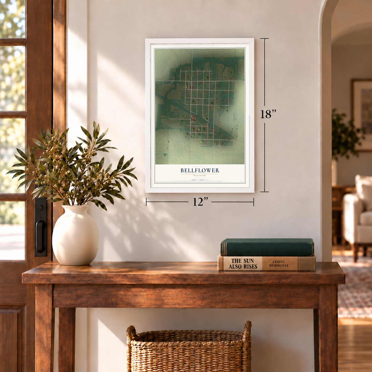 Bellflower, Missouri map, 12 x 18 inch print in a white frame in an entryway