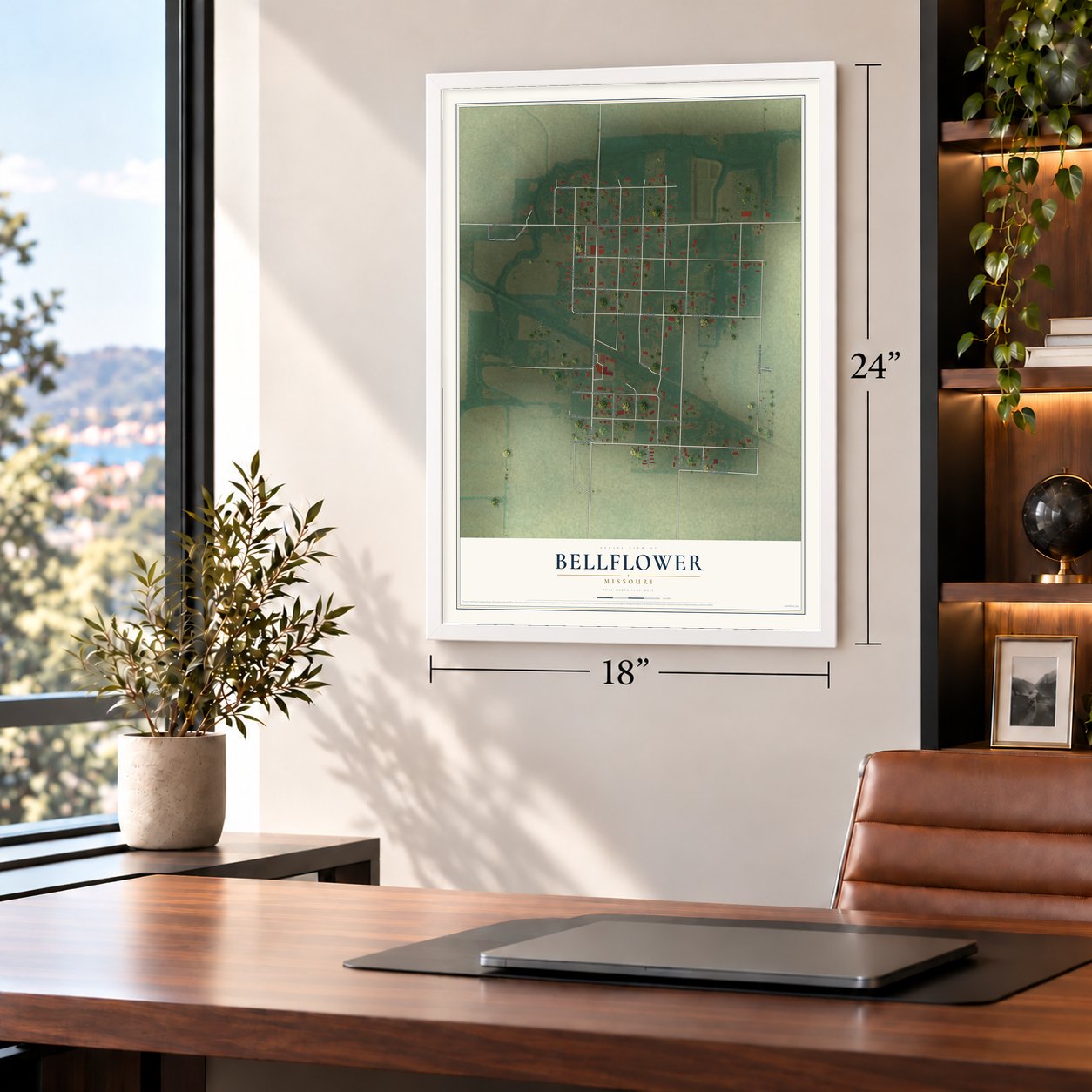 Bellflower, Missouri map, 18 x 24 inch print in a white frame in a home office