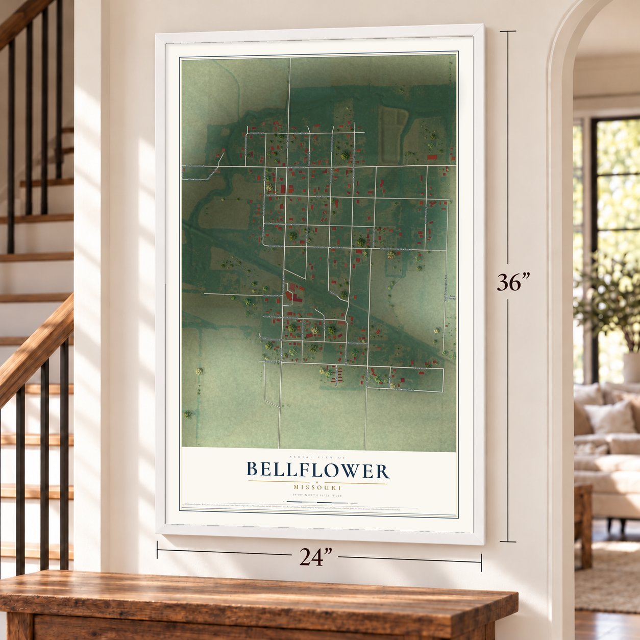 Bellflower, Missouri map, 24 x 36 inch print in a white frame by a staircase