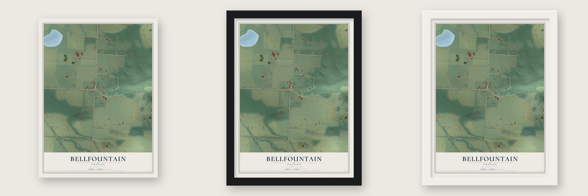 Bellfountain, Oregon map unframed, in a black wood frame and in a white wood frame