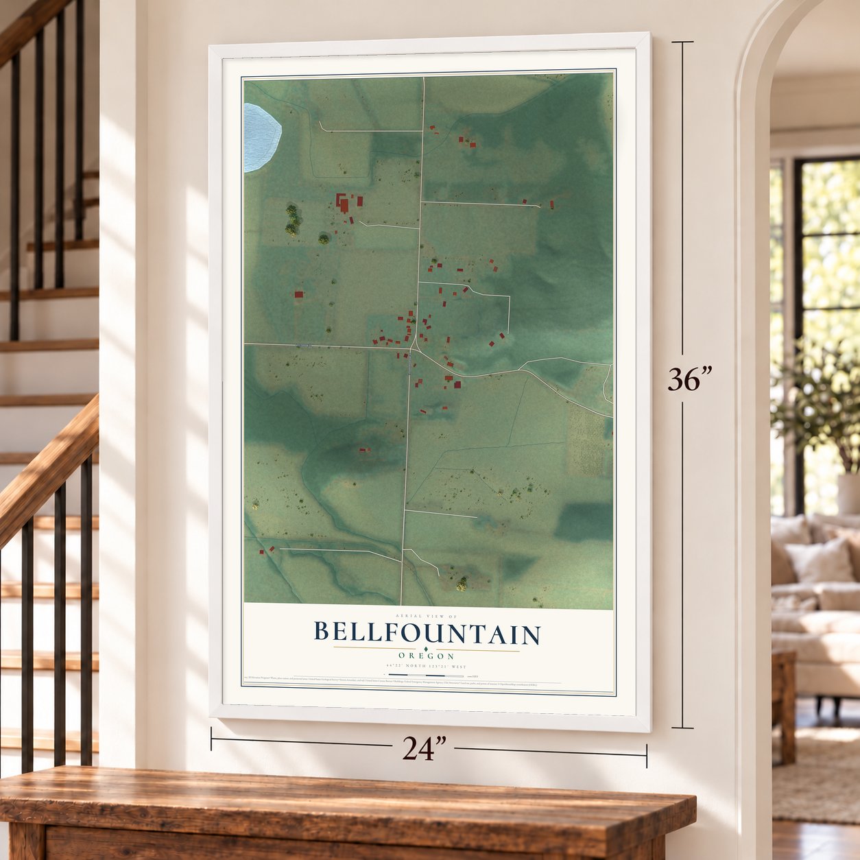 Bellfountain, Oregon map, 24 x 36 inch print in a white frame by a staircase