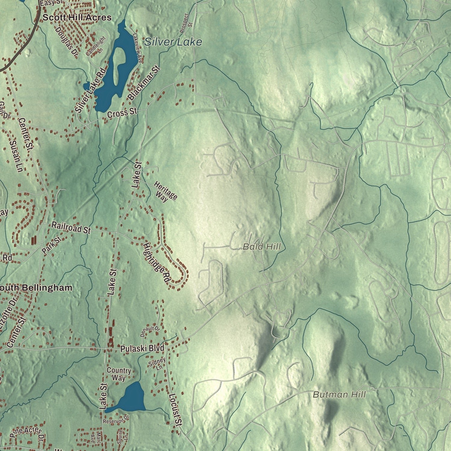Close-up of the map of Bellingham, Massachusetts print showing terrain and local geography