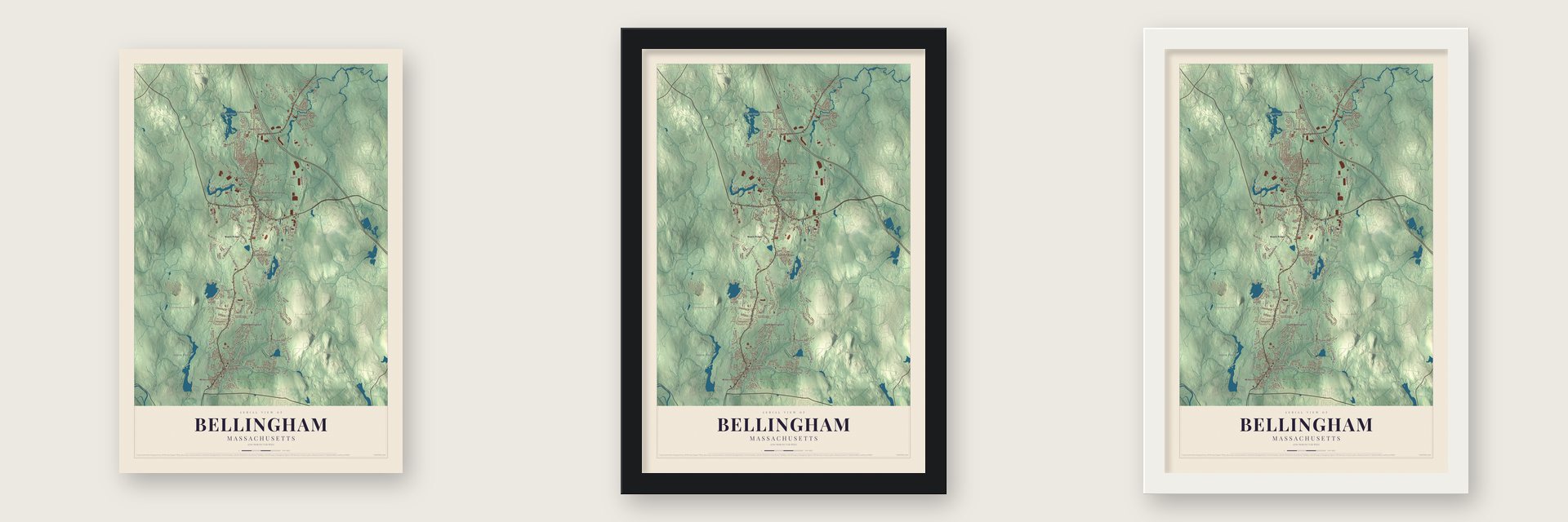 Bellingham, Massachusetts map unframed, in a black wood frame and in a white wood frame