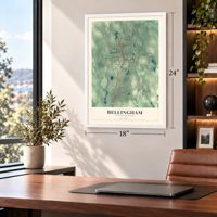 Bellingham, Massachusetts map, 18 x 24 inch print in a white frame in a home office