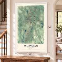 Bellingham, Massachusetts map, 24 x 36 inch print in a white frame by a staircase
