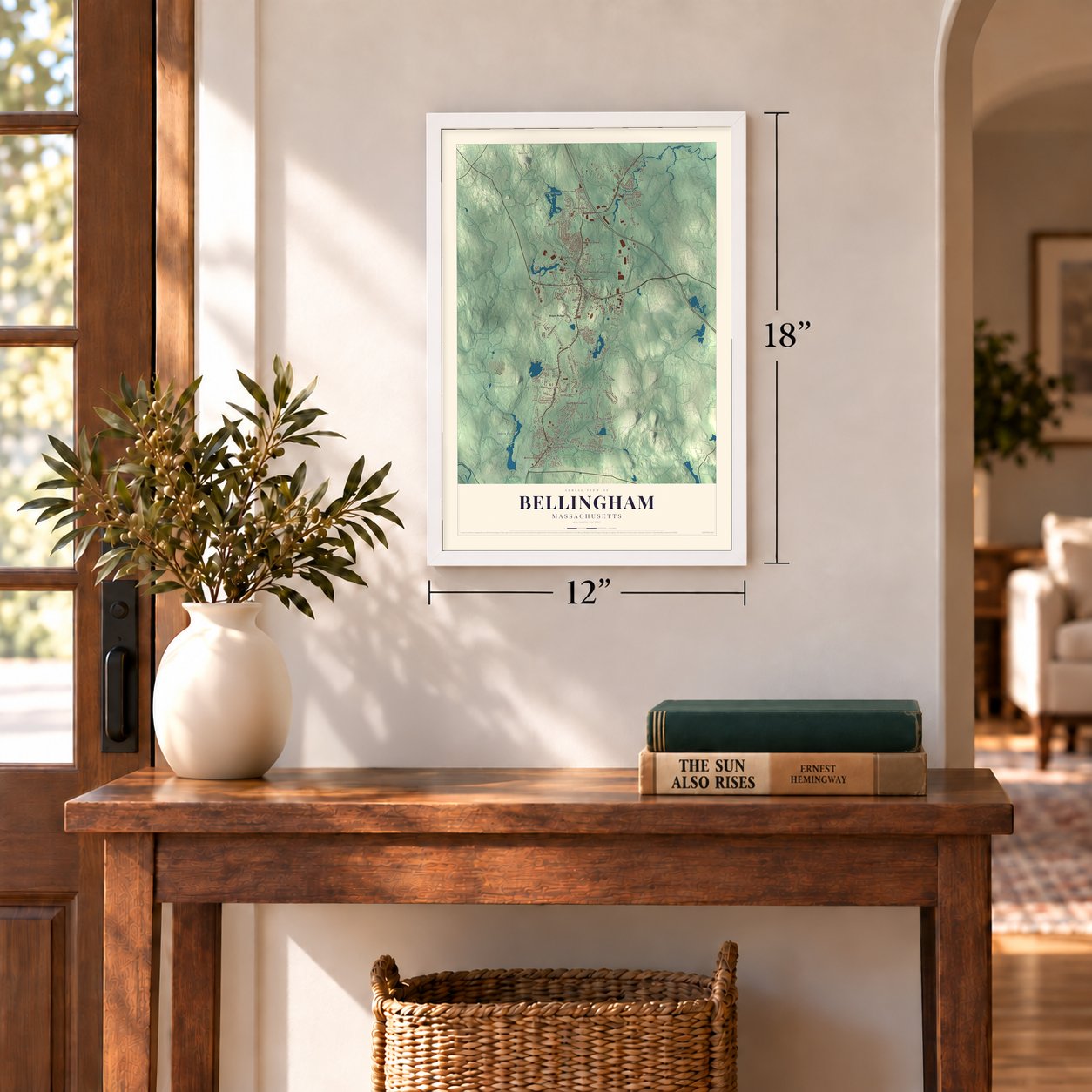Bellingham, Massachusetts map, 12 x 18 inch print in a white frame in an entryway
