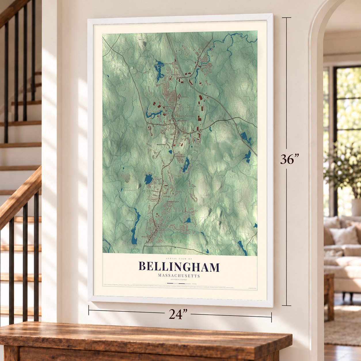 Bellingham, Massachusetts map, 24 x 36 inch print in a white frame by a staircase