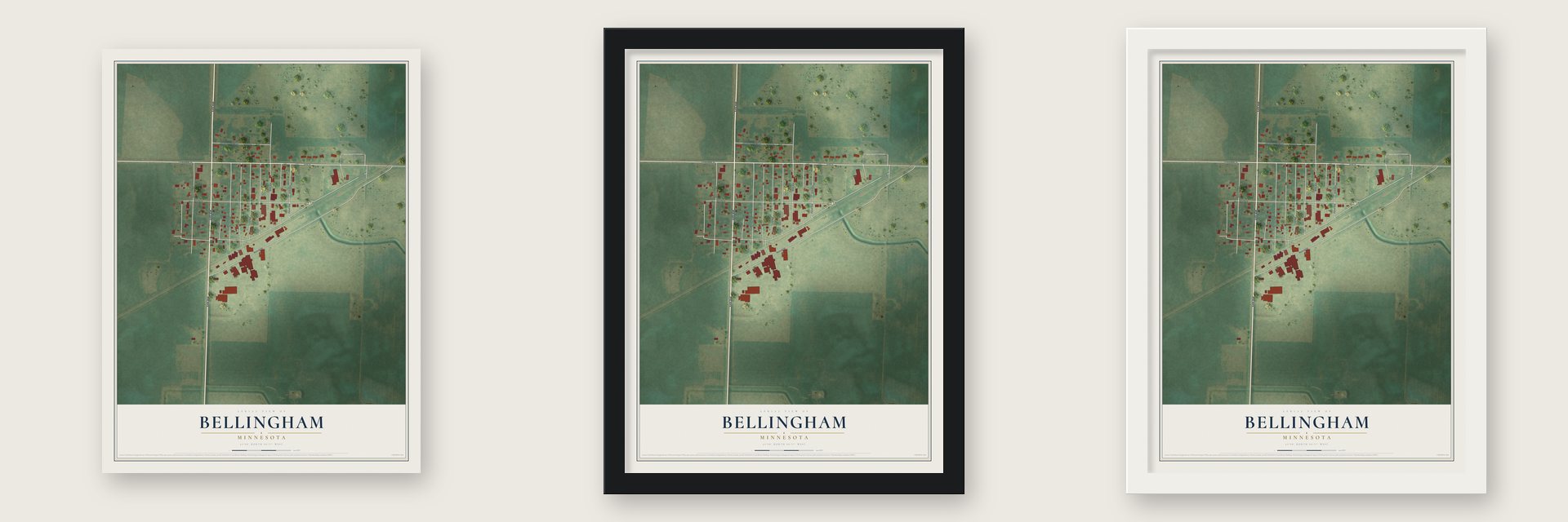 Bellingham, Minnesota map unframed, in a black wood frame and in a white wood frame