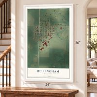 Bellingham, Minnesota map, 24 x 36 inch print in a white frame by a staircase