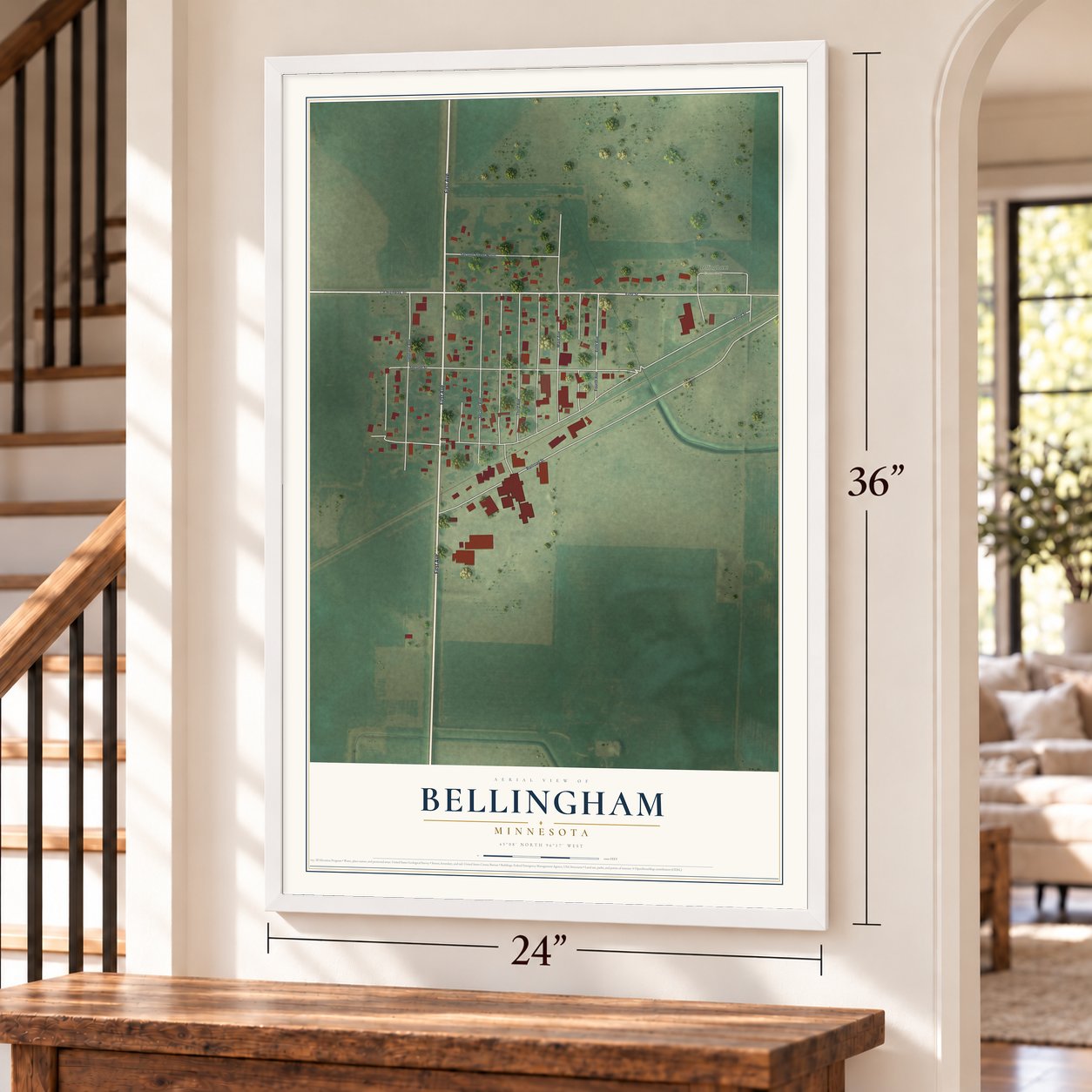 Bellingham, Minnesota map, 24 x 36 inch print in a white frame by a staircase