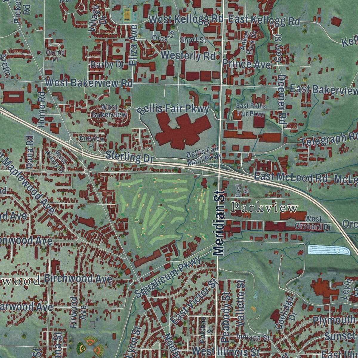 Second close-up of the map of Bellingham, Washington print showing more streets and buildings