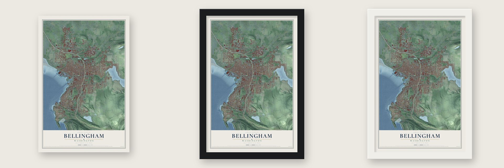 Bellingham, Washington map unframed, in a black wood frame and in a white wood frame