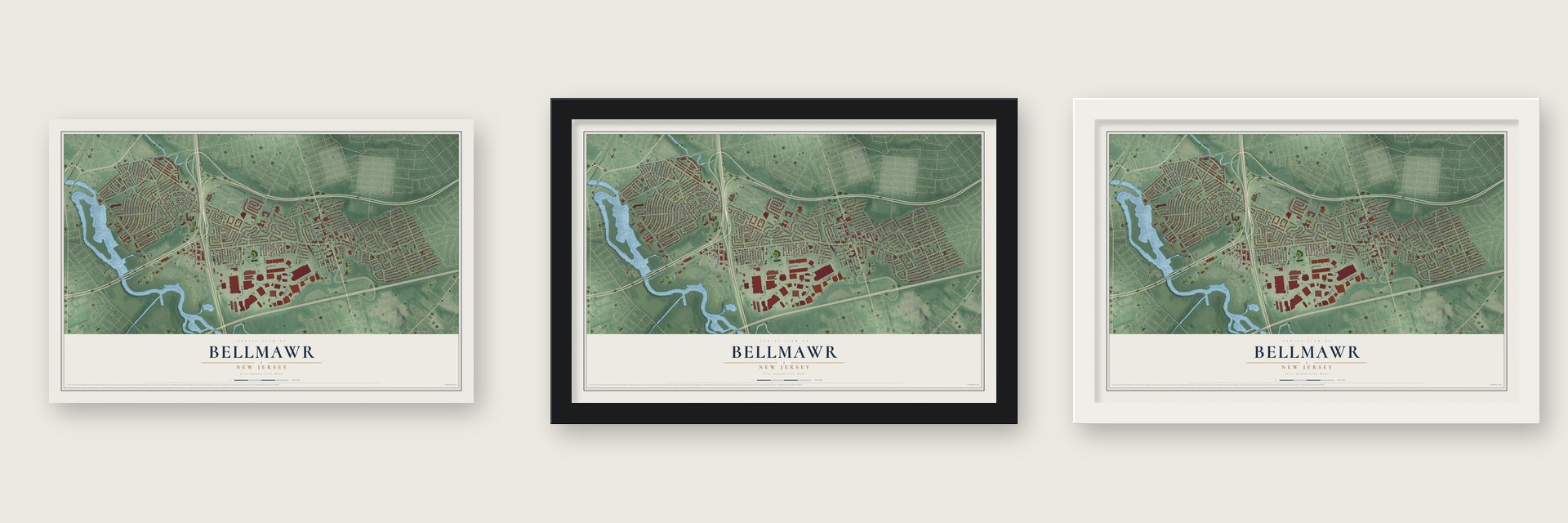 Bellmawr, New Jersey map unframed, in a black wood frame and in a white wood frame