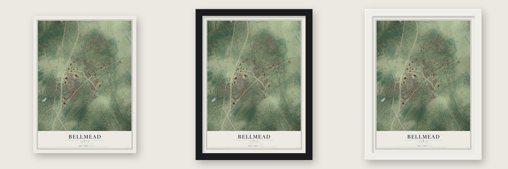 Bellmead, Texas map unframed, in a black wood frame and in a white wood frame