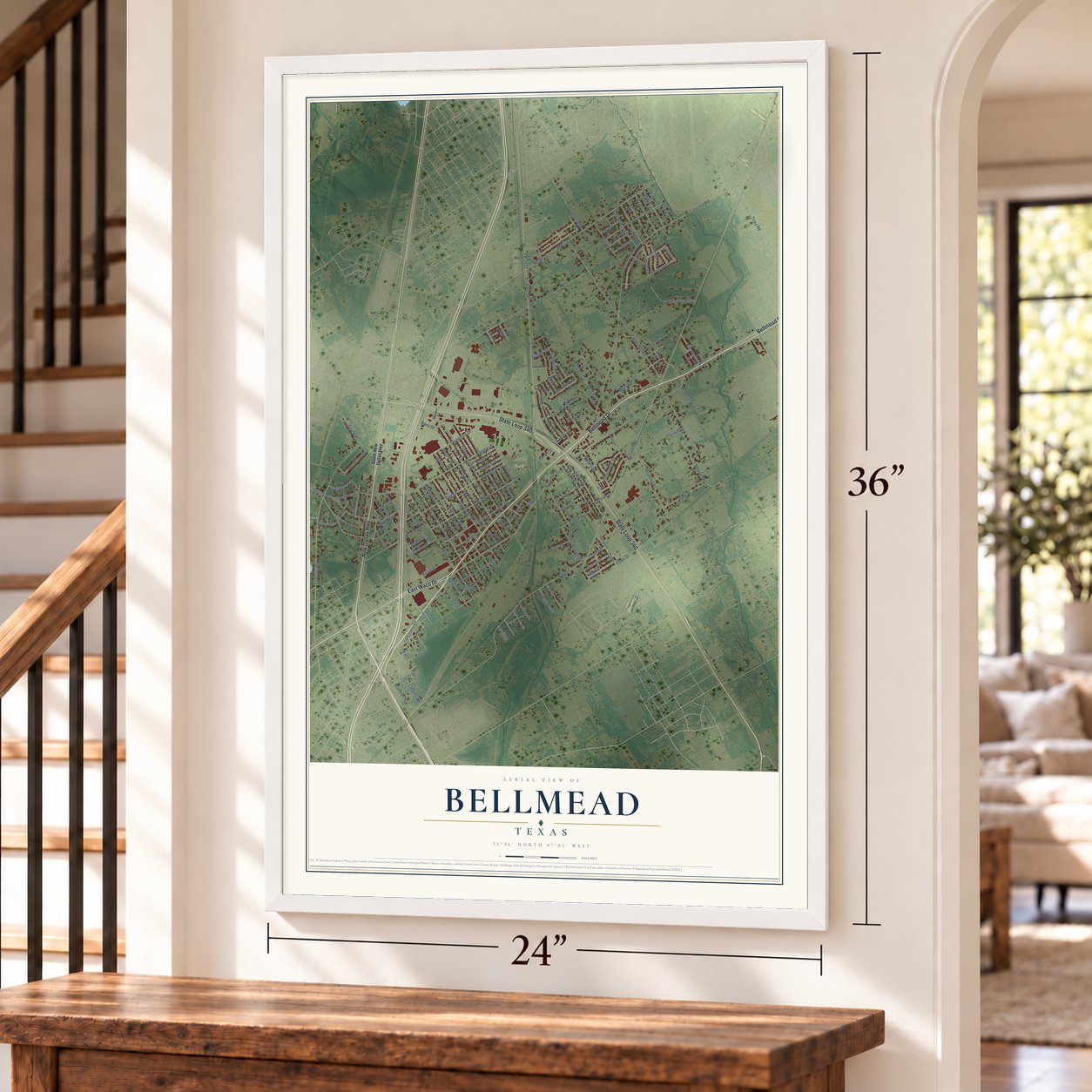 Bellmead, Texas map, 24 x 36 inch print in a white frame by a staircase