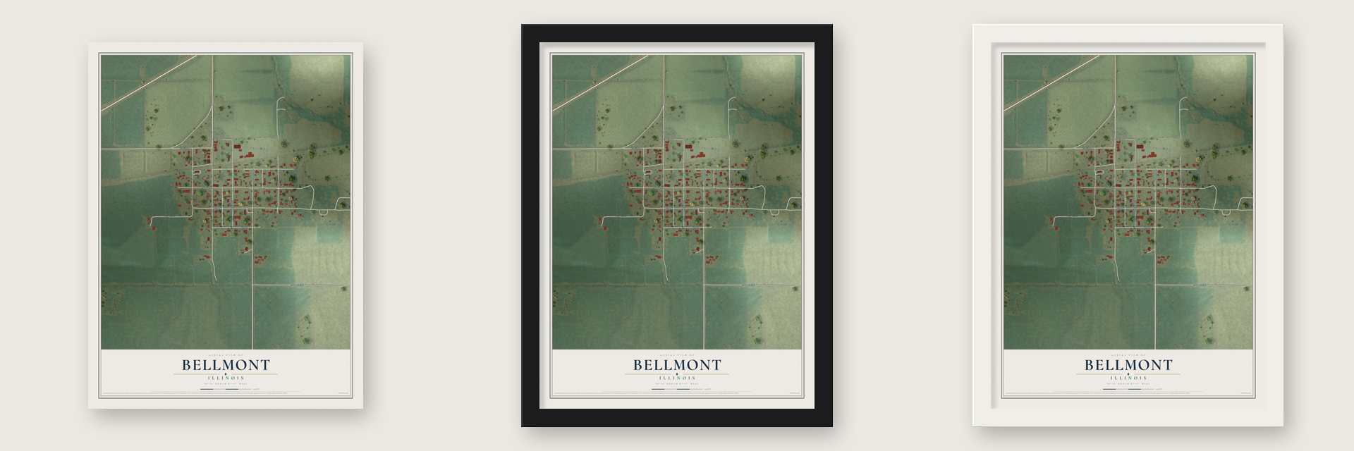 Bellmont, Illinois map unframed, in a black wood frame and in a white wood frame