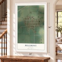 Bellmont, Illinois map, 24 x 36 inch print in a white frame by a staircase