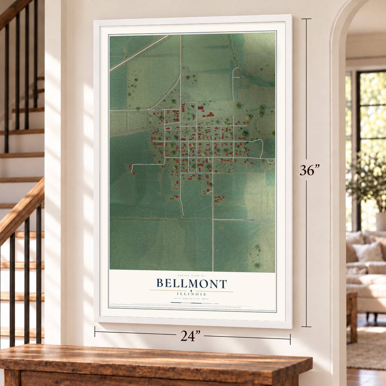 Bellmont, Illinois map, 24 x 36 inch print in a white frame by a staircase