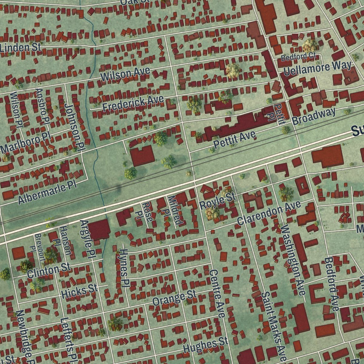 Second close-up of the map of Bellmore, New York print showing more streets and buildings