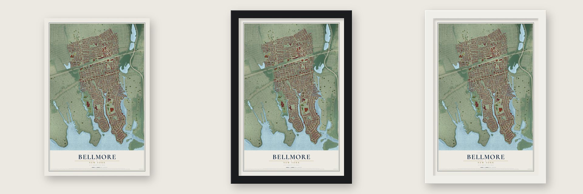 Bellmore, New York map unframed, in a black wood frame and in a white wood frame
