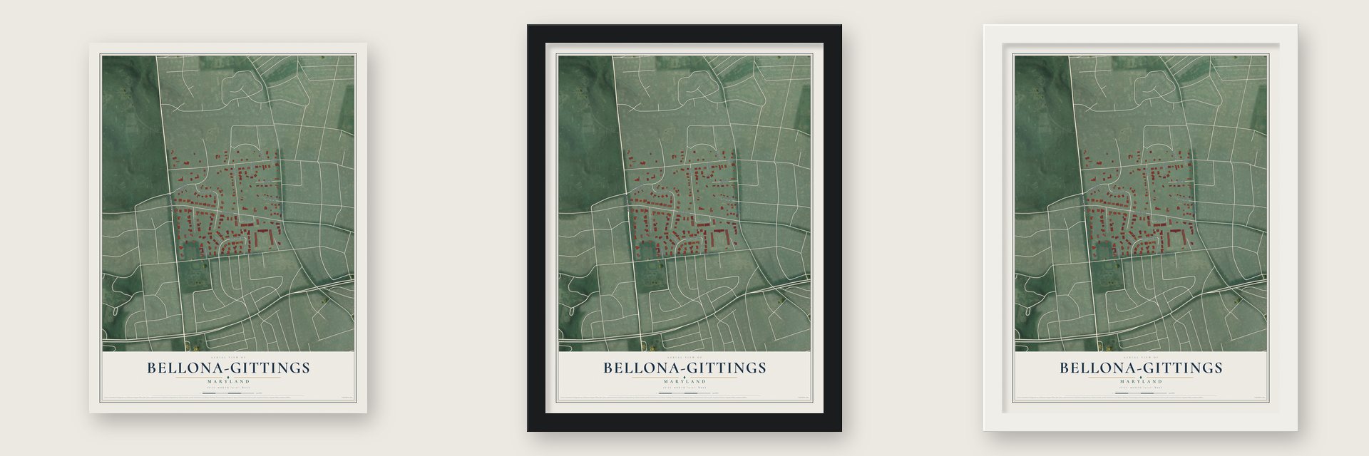 Bellona-Gittings, Maryland map unframed, in a black wood frame and in a white wood frame