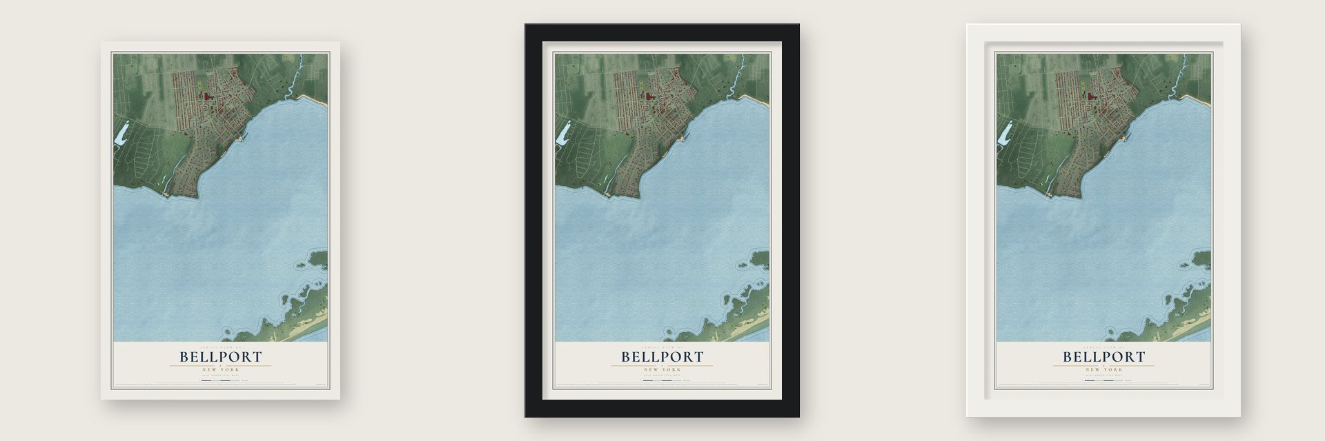 Bellport, New York map unframed, in a black wood frame and in a white wood frame
