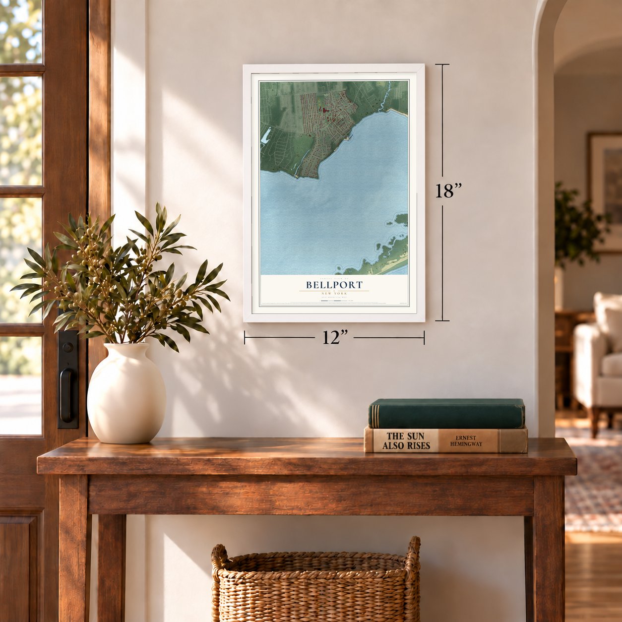 Bellport, New York map, 12 x 18 inch print in a white frame in an entryway
