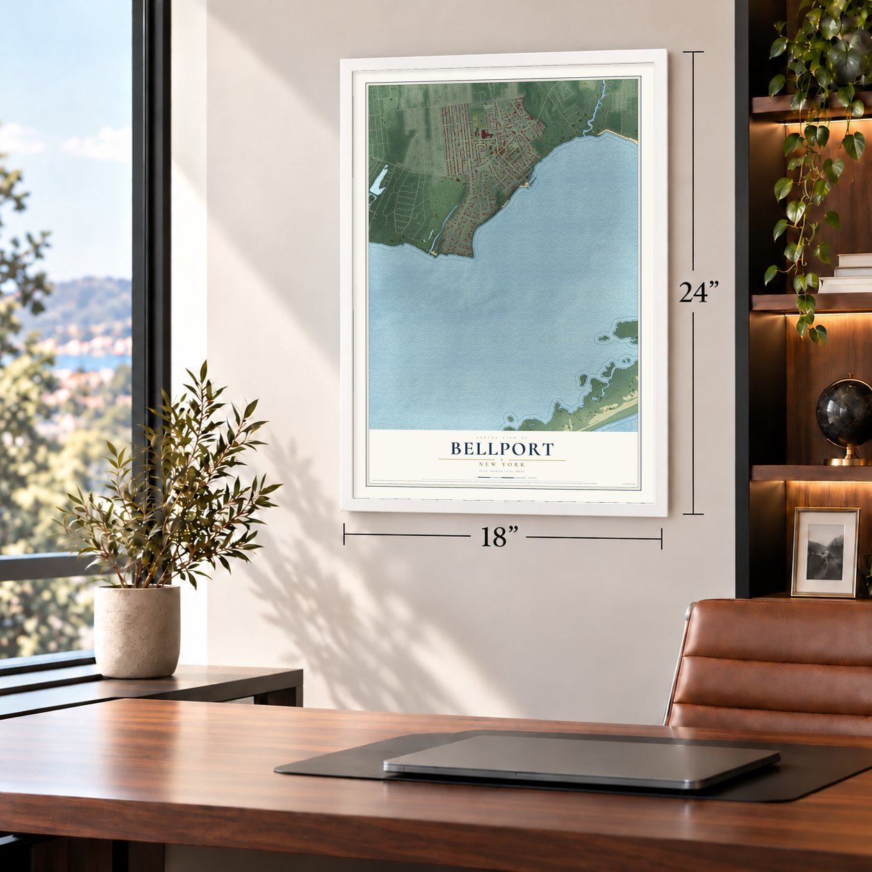 Bellport, New York map, 18 x 24 inch print in a white frame in a home office