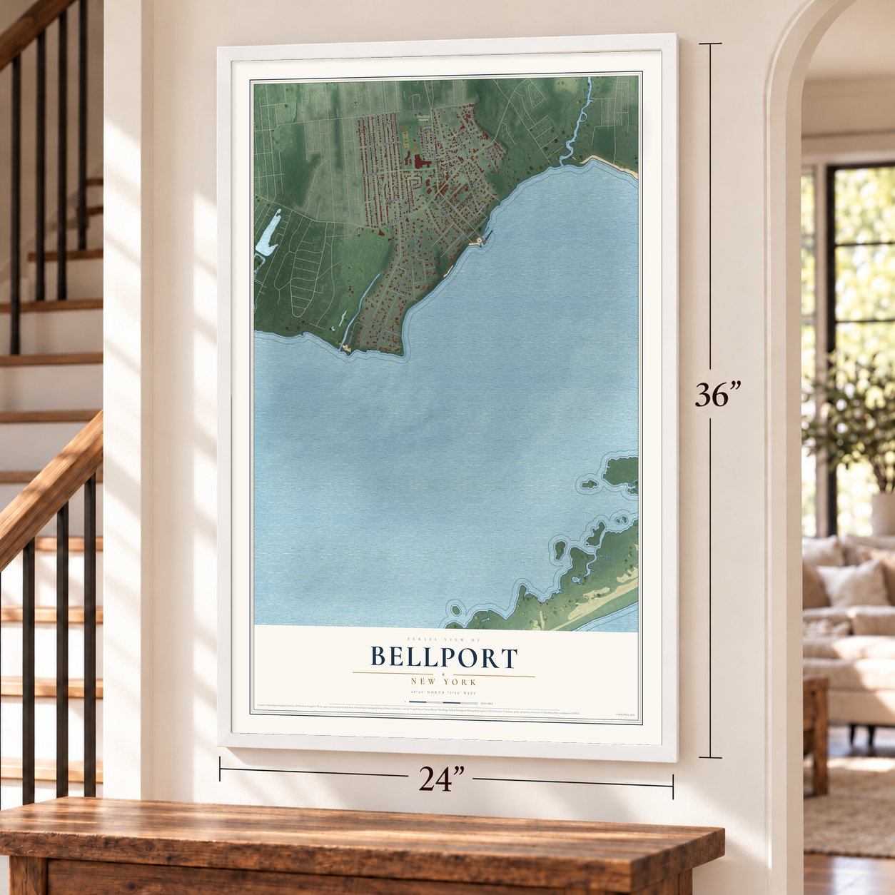 Bellport, New York map, 24 x 36 inch print in a white frame by a staircase