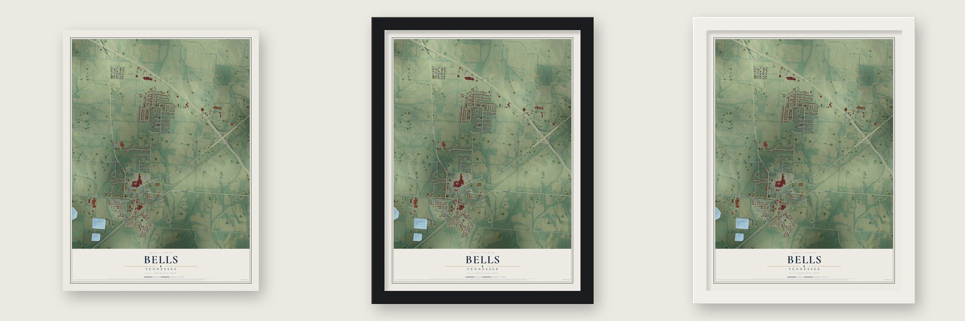 Bells, Tennessee map unframed, in a black wood frame and in a white wood frame