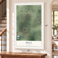 Bells, Tennessee map, 24 x 36 inch print in a white frame by a staircase