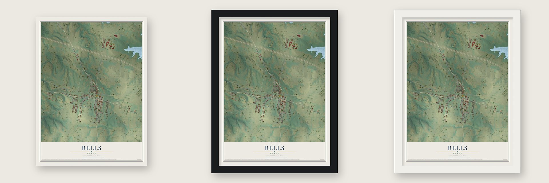 Bells, Texas map unframed, in a black wood frame and in a white wood frame