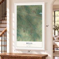 Bells, Texas map, 24 x 36 inch print in a white frame by a staircase