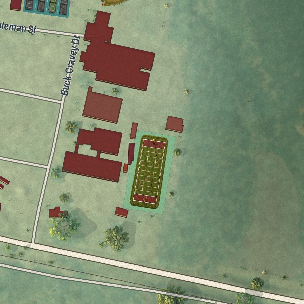 Second close-up of the map of Bellville, Georgia print showing more streets and buildings
