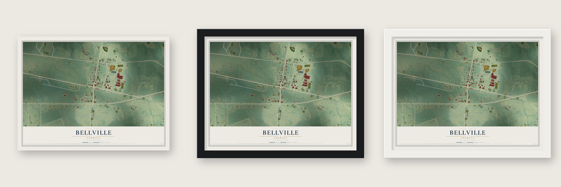 Bellville, Georgia map unframed, in a black wood frame and in a white wood frame