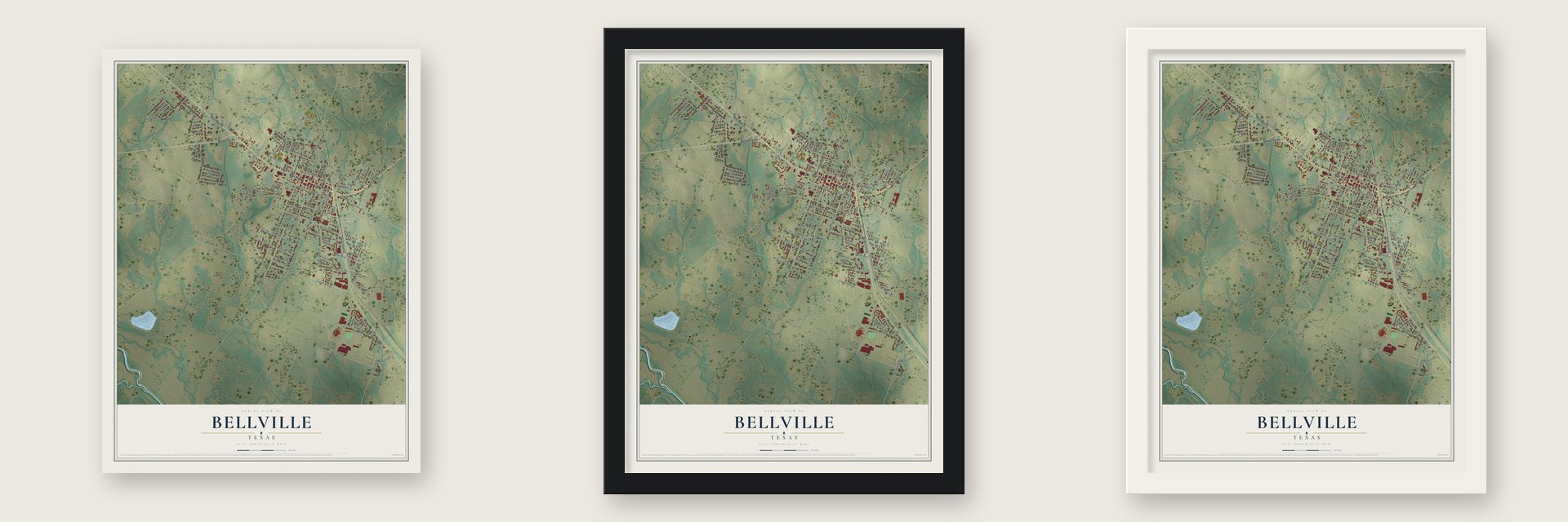 Bellville, Texas map unframed, in a black wood frame and in a white wood frame