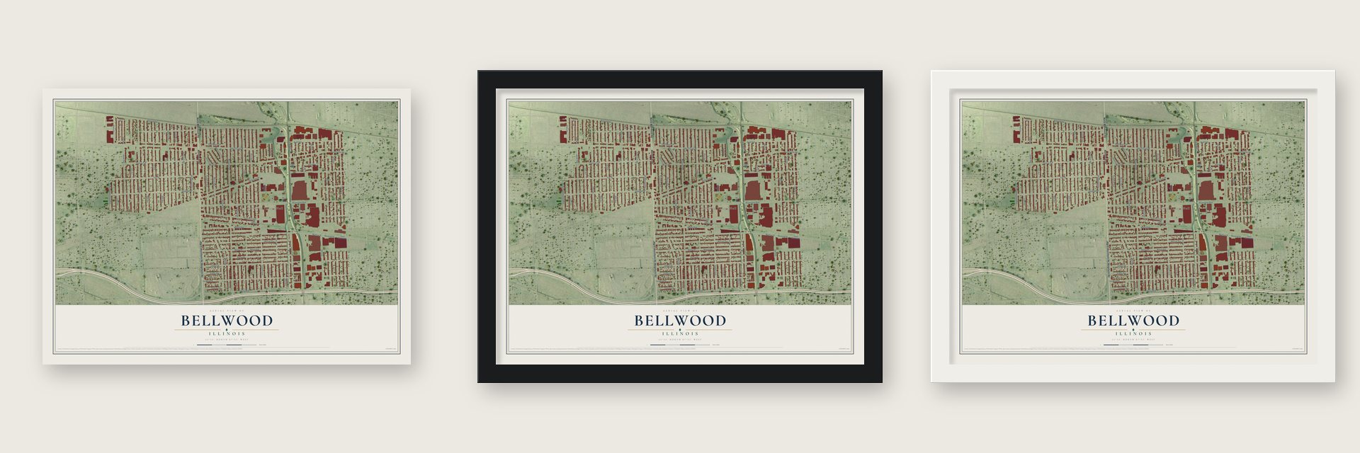 Bellwood, Illinois map unframed, in a black wood frame and in a white wood frame