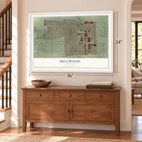 Bellwood, Illinois map, 24 x 36 inch print in a white frame above a dresser by a staircase