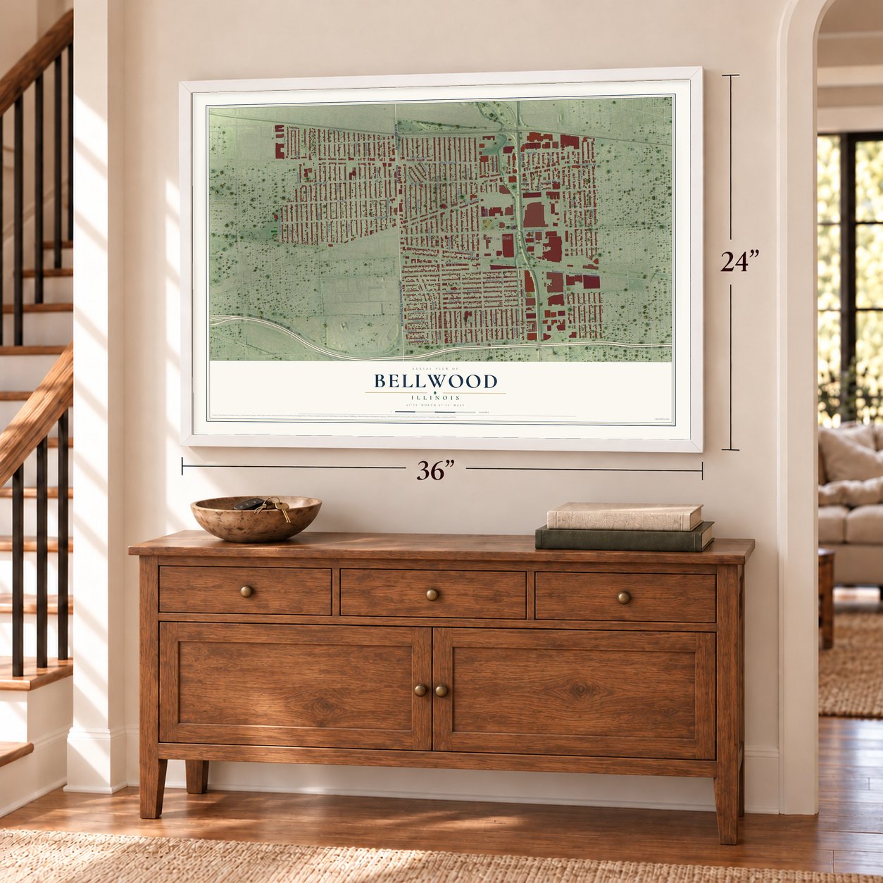 Bellwood, Illinois map, 24 x 36 inch print in a white frame above a dresser by a staircase