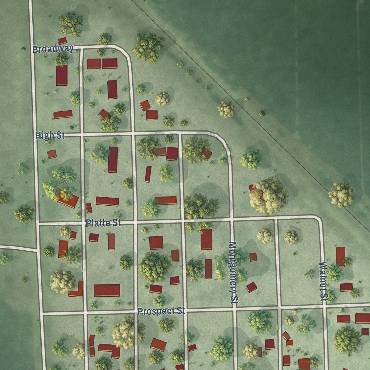 Second close-up of the map of Bellwood, Nebraska print showing more streets and buildings