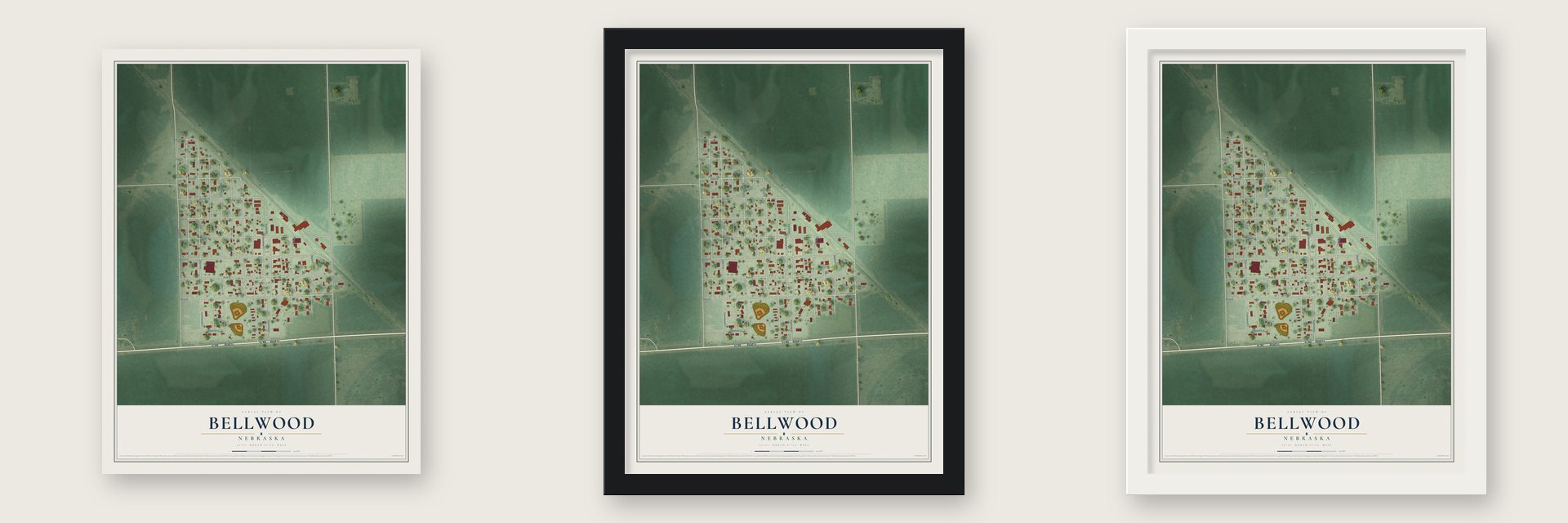 Bellwood, Nebraska map unframed, in a black wood frame and in a white wood frame