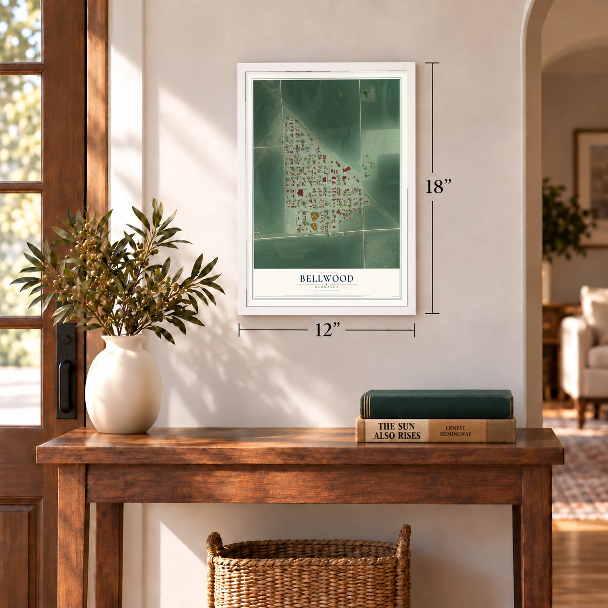 Bellwood, Nebraska map, 12 x 18 inch print in a white frame in an entryway