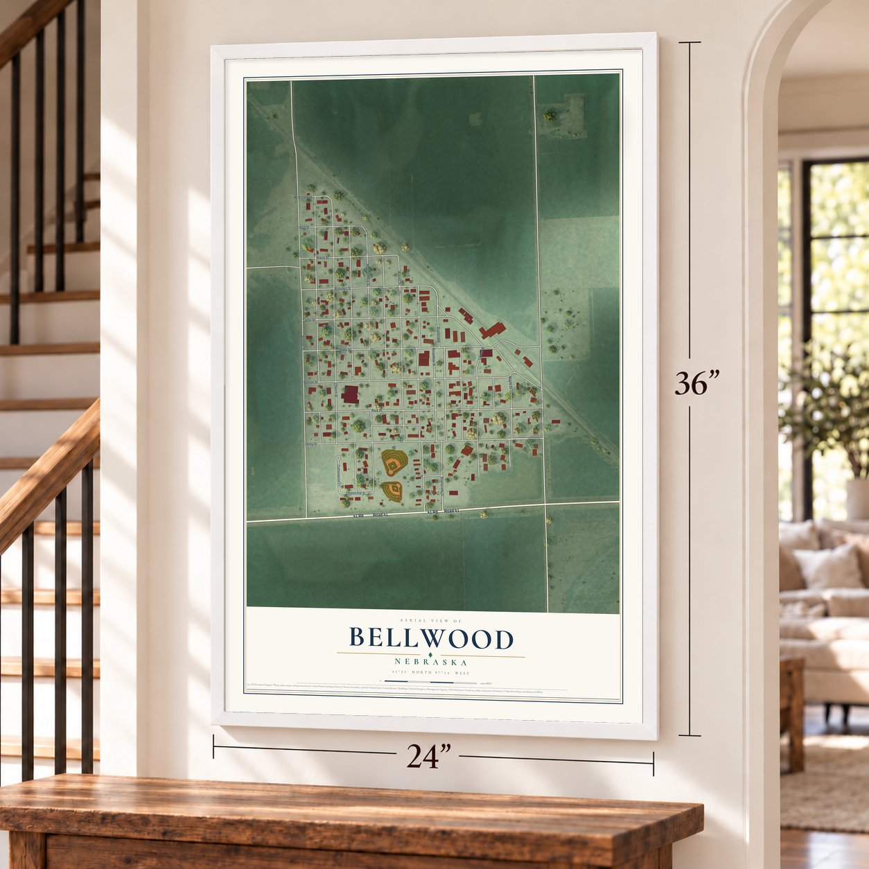 Bellwood, Nebraska map, 24 x 36 inch print in a white frame by a staircase